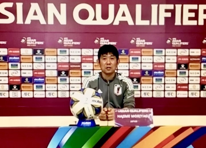 Japan coach Hajime Moriyasu talks to the media on Monday, a day ahead of his team's crucial World Cup qualifier against Saudi Arabia in Saitama. (ANJ)