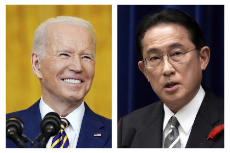 This combination photo shows US President Joe Biden (left), in Washington on Jan. 19, 2022, and Japanese Prime Minister Fumio Kishida in Tokyo on Oct. 14, 2021.  (AP)