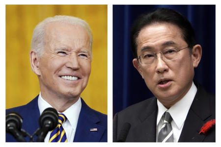 This combination photo shows US President Joe Biden (left), in Washington on Jan. 19, 2022, and Japanese Prime Minister Fumio Kishida in Tokyo on Oct. 14, 2021. (AP)