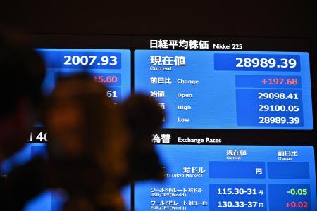 A videographer films an electronic board showing the Nikkei 225 index during the Tokyo Stock Exchange's new year business ceremony in Tokyo on January 4, 2022. (AFP)