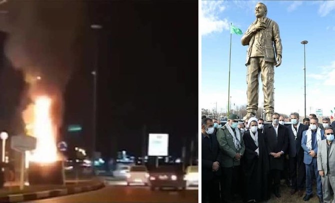 Supporters of the Iranian opposition movement burned the newly installed statue at the Hazrat Qamarbani Hashem Square in Shahrekord of central Iran. (Supplied)