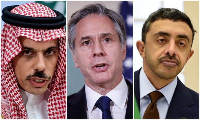 US Secretary of State Antony Blinken (C) made separate calls to his Saudi counterpart Prince Faisal bin Farhan (L) and his UAE counterpart Sheikh Abdullah bin Zayed. (File/Reuters and AFP)