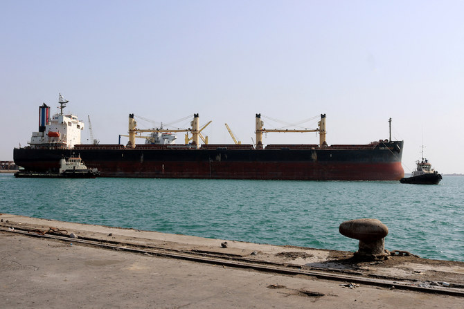 A picture taken on March 20, 2021 shows the port of Yemen’s Red Sea coastal city of Hodeida, around 230 kilometers west of the capital Sanaa. (AFP)