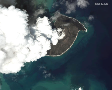 This satellite image provided by Maxar Technologies shows an overview of Hunga Tonga Hunga Ha'apai volcano in Tonga on Dec. 24, 2021. Three of Tonga's smaller islands suffered serious damage from tsunami waves, officials and the Red Cross said Wednesday, Jan. 19, 2022. (Satellite image Â©2022 Maxar Technologies via AP, File)