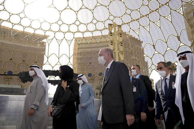 Turkish President Recep Tayyip Erdogan visits the Dubai Expo 2020 for a Turkish national day ceremony on Tuesday, Feb. 15, 2022. (AP)