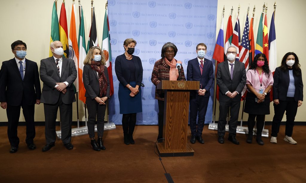 US Ambassador to the United Nations Linda Thomas-Greenfield (C) reads a joint statement to members of the media on North Korea's ballistic missile launch outside the Security Council chambers after a closed door meeting on the situation with North Korea at United Nations headquarters in New York, USA, Feb. 4, 2022. (File photo/EPA)