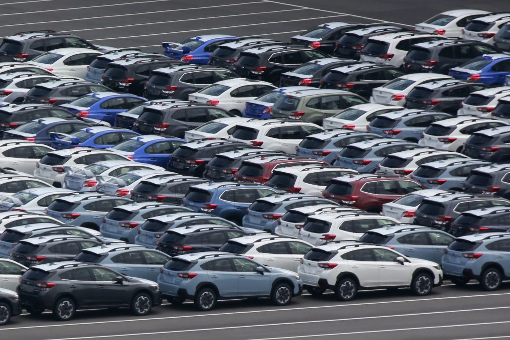 Subaru cars are parked to be exported at Kawasaki port, near Tokyo on Sept. 7, 2021. Japan racked up a 2.2 trillion yen ($19 billion) trade deficit last month, an eight-year high, as the cost of energy imports soared, the government said, Feb. 17, 2022. (File photo/AP)
