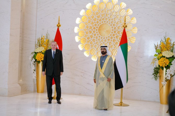 Turkish President Recep Tayyip Erdogan visits the Dubai Expo 2020 for a Turkish national day ceremony on Tuesday, Feb. 15, 2022. (AP)