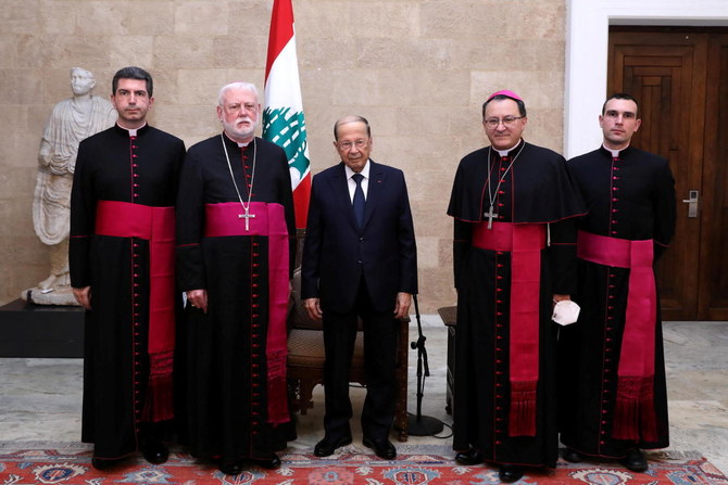 Lebanon’s President Michel Aoun meets with the Vatican’s foreign minister Archbishop Paul Gallagher at the presidential palace in Baabda on Tuesday. (Reuters)