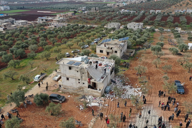A building destroyed in the aftermath of a counter-terrorism mission conducted by US Special Operations Forces is seen in Atmeh, Syria, Feb. 3, 2022. (Reuters)