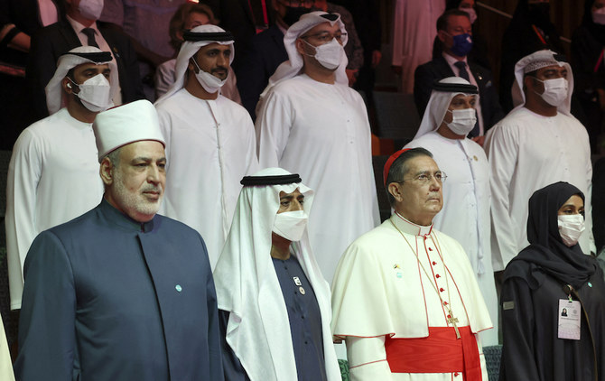 Cardinal Miguel Angel Ayuso, Sheikh Nahyan Mubarak Al-Nahyan and Dr Muhammad Al-Duwaini Al-Azhar, the Deputy of the Grand Imam, attend a round table entitled 