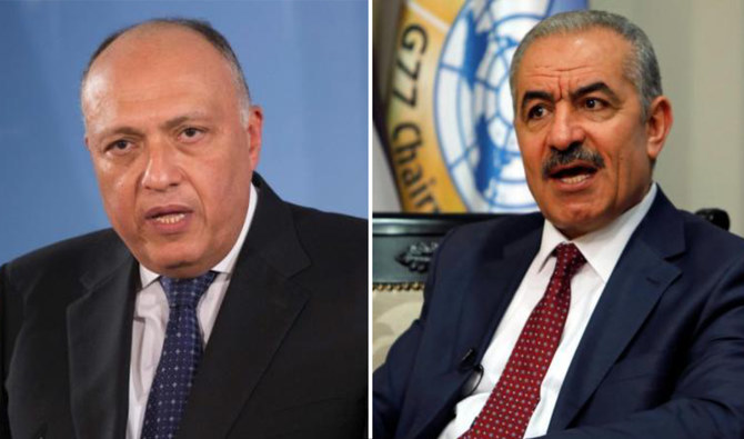 Egypt’s Foreign Minister Sameh Shoukry, left, Palestinian Prime Minister Muhammad Shtayyeh. (AFP, Reuters/File)