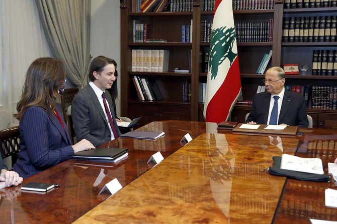 Lebanon’s President Michel Aoun meets with Amos Hochstein, the US envoy for energy affairs, and Dorothy Shea, US Ambassador to Lebanon, in Beirut, Wednesday, Feb. 9, 2021. (Dalati Nohra)