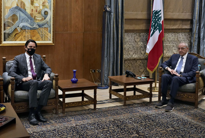 Parliament Speaker Nabih Berri, right, meets with US Envoy for Energy Affairs Amos Hochstein in Beirut, Lebanon, Wednesday, Feb. 9, 2021. (AP Photo)