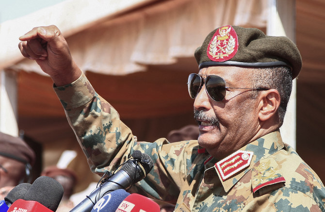 Sudan’s top general Abdel Fattah Al-Burhan speaks as he attends the conclusion of a military exercise in the Maaqil area in the northern Nile River State. (File/AFP)