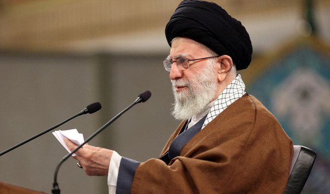 Iranian Supreme Leader Ayatollah Ali Khamenei attends a meeting with people from East Azarbaijan in Tehran. (WANA via Reuters)