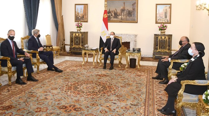 El-Sisi welcomed the visit of the US climate envoy to Egypt, and held the first meeting of the Egyptian-American working group on climate change. (Egyptian Presidency Facebook page)