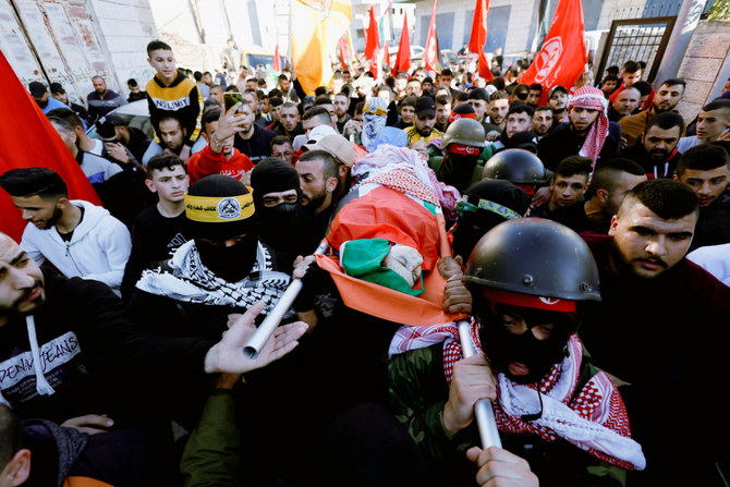 People carry the body of Palestinian boy Mohammed Shehadeh, who was killed by Israeli troops, during his funeral in Bethlehem on Feb. 23, 2022. (REUTERS/Mussa Qawasma)