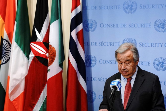 United Nations Secretary-General Antonio Guterres makes a statement as he speaks to the media at UN headquarters in the Manhattan borough of New York City. (Reuters)