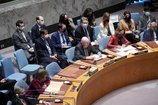 Russia's Ambassador to the UN Vassily Nebenzia sits as the UN Security Council assembles to vote for a rare emergency special session. (Reuters)