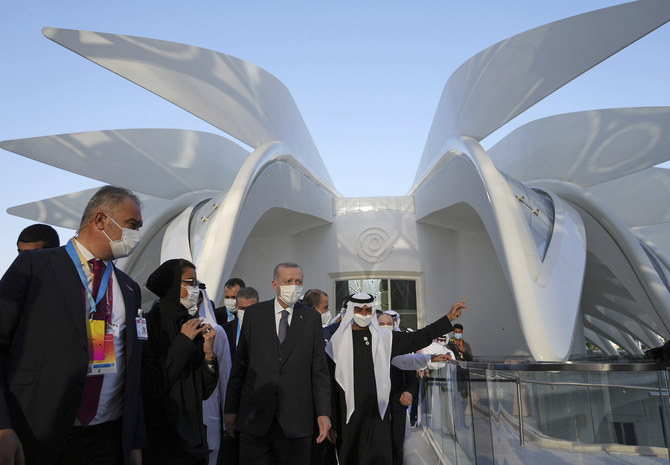 Turkish President Recep Tayyip Erdogan, center left, visits the Dubai Expo 2020 during a Turkish national day ceremony, in Dubai, United Arab Emirates, Tuesday, Feb. 15, 2022. (AP)