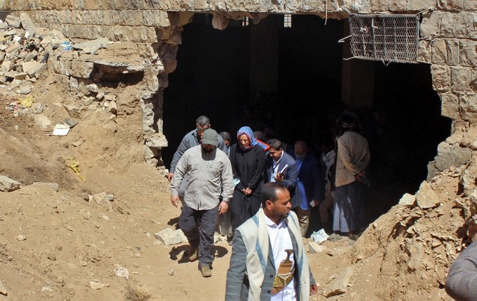 Special Envoy of the UN Secretary-General for Yemen Roxane Bazargan (C), visits a site reported to be a prison destroyed in an airstrike in Saada, northern Yemen. (File/AFP)