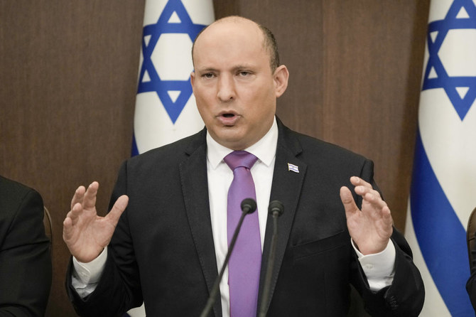 Israeli Prime Minister Naftali Bennett chairs the weekly cabinet meeting in Jerusalem, Sunday, Feb. 20, 2022. (AP)