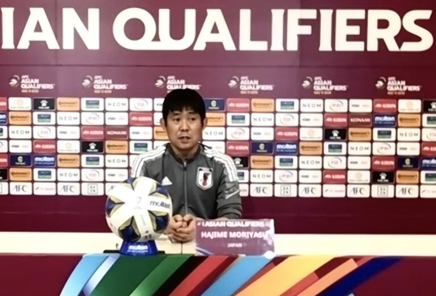 Hajime Moriyasu, Japanese coach of the national football team, talks to the media at a post-Saudi-Japan-match press conference in Saitama stadium on Tuesday, Feb. 1. (ANJ)