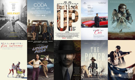 This combination of photos shows promotional art for the films nominated for an Oscar for best picture (top row from left) 