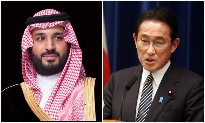 Japan Prime Minister Kishida Fumio and Saudi Crown Prince Mohammed bin Salman confirmed strong bilateral ties during a telephone call. (SPA/AFP/File Photo)