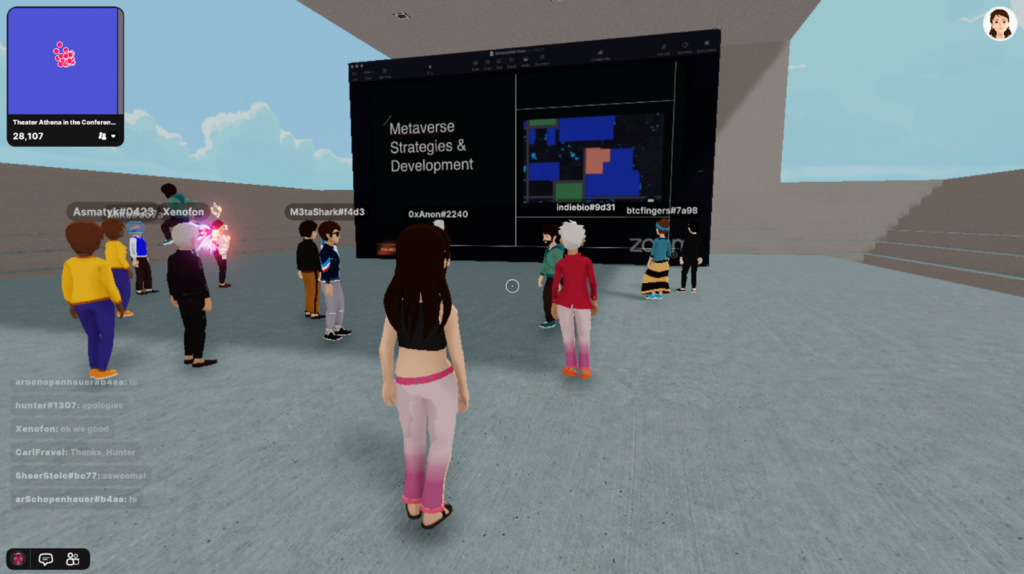 A screenshot of Fatemeh Monfared’s avatar as an attendee at a virtual conference center in Decentraland’s virtual world. 
