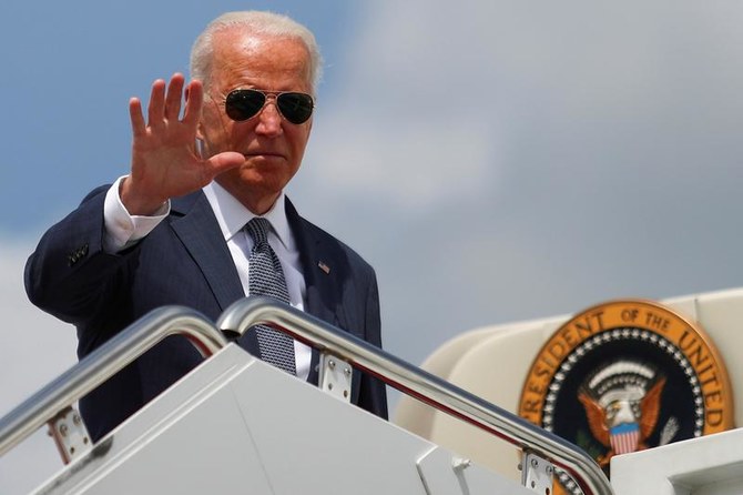 U.S. President Joe Biden waves to the media as he boards Air Force One at Joint Base Andrews in Maryland, U.S., July 9, 2021. (Reuters)