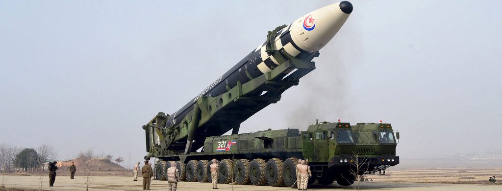 This picture taken on March 24, 2022 and released from North Korea's official Korean Central News Agency (KCNA) on March 25, 2022 shows what state media reports a new type inter-continental ballistic missile (ICBM), the Hwasongpho-17 of North Korea's strategic forces in an undisclosed location in North Korea. (AFP)