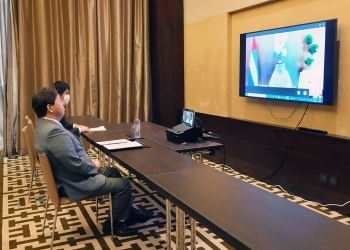 Japanese Foreign Minister Yoshimasa Hayashi during an online meeting with the UAE’s minister of industry and advanced technology Dr. Sultan Al-Jaber. (Ministry of Foreign Affairs of Japan)