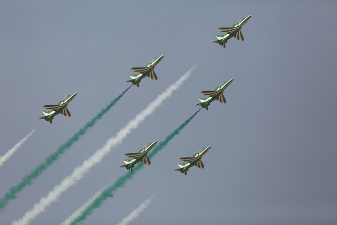 Saudi hawks doing an air demonstration.