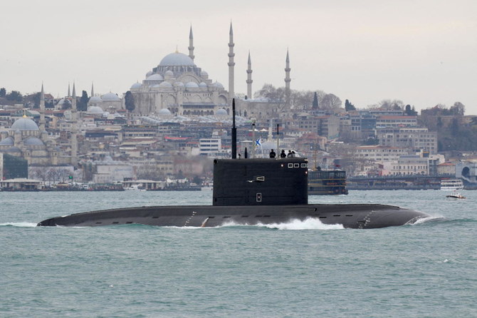 The Russian Navy’s diesel-electric submarine Rostov-on-Don sails in the Bosphorus, on its way to the Black Sea, Istanbul, Turkey, Feb. 13, 2022. (Reuters)