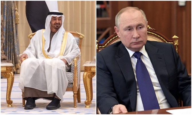 Abu Dhabi’s Crown Prince Sheikh Mohamed bin Zayed Al-Nahyan and President Vladimir Putin held a phone call on Tuesday. (File/@MohamedBinZayed/AFP)