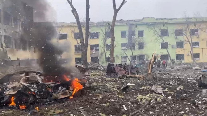 A view shows cars and a building of a hospital destroyed by an aviation strike amid Russia's invasion of Ukraine, in Mariupol, Ukraine, in this handout picture released March 9, 2022. (Reuters)
