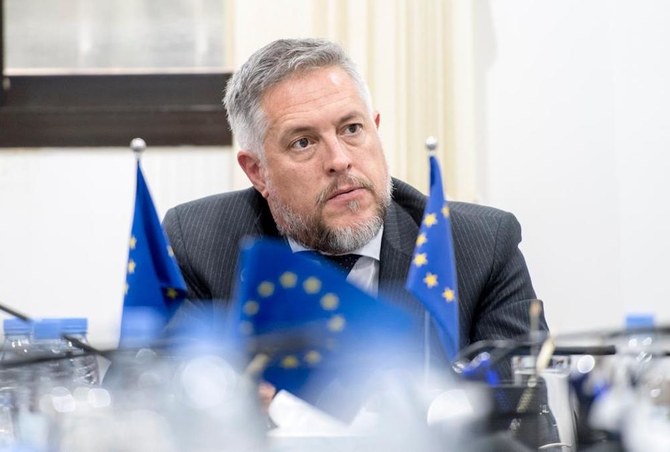 EU ambassador to Saudi Arabia Patrick Simonnet speaking to reporters. (Supplied/EU Office)
