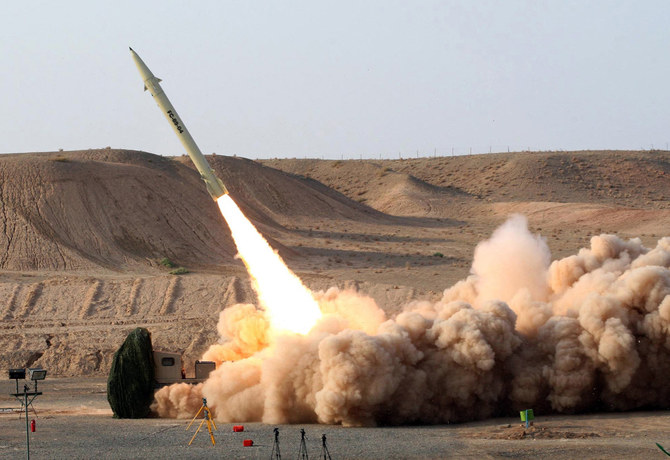 This file photo shows the test firing of Iran's home-built surface-to-surface Fateh 110 missile similar to those used in the IGRC's attack on Irbil on March 13, 2022. (AFP)