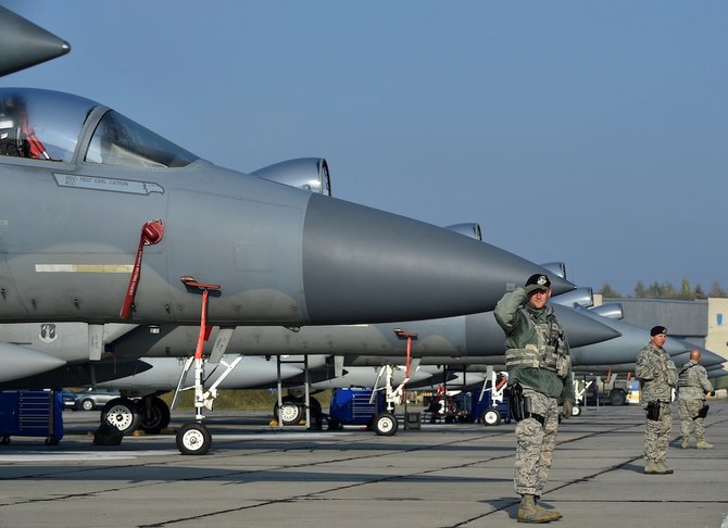 Some 700 troops, half of them from NATO countries, took part in an air force exercise at an airbase in Ukraine in October 2018. (AFP/File Photo)