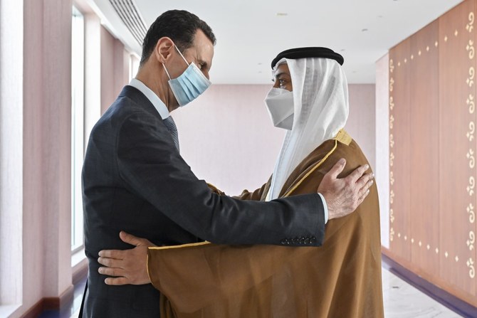 Abu Dhabi’s Crown Prince Sheikh Mohammed bin Zayed receives Syrian President Bashar Assad. (WAM)