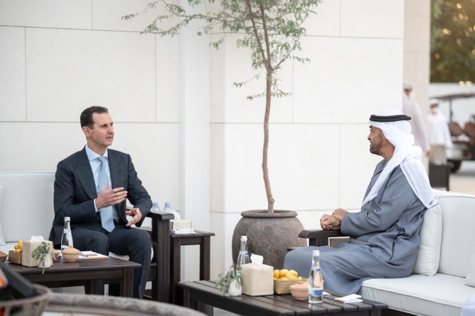 Abu Dhabi’s Crown Prince Sheikh Mohammed bin Zayed receives Syrian President Bashar Assad. (WAM)