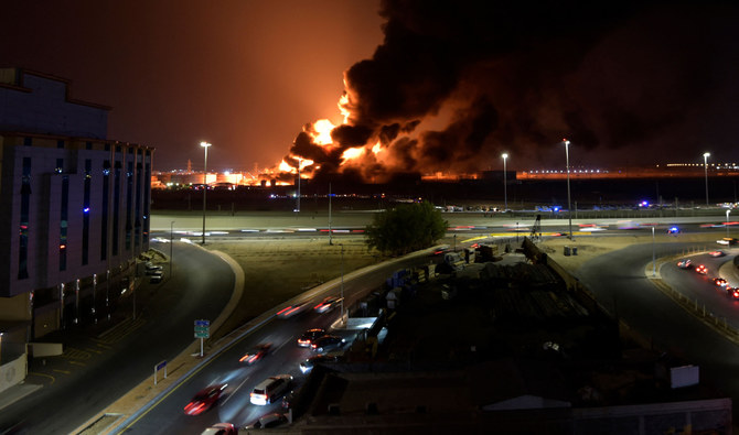 The attack caused a fire in two tanks at the North Jeddah oil facility on Friday. (AFP)