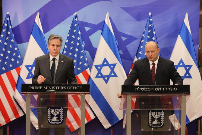 Israeli Prime Minister Naftali Bennett met US Secretary of State Antony Blinken in Jerusalem on Sunday. (AP)