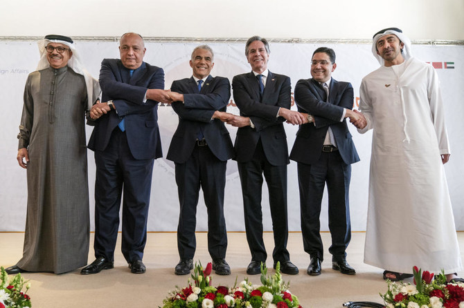 Foreign ministers Abdullatif bin Rashid Al-Zayani of Bahrain, Sameh Shoukry of Egypt, Yair Lapid of Israel, US Secretary of State Antony Blinken, Nasser Bourita of Morocco and Sheikh Abdullah bin Zayed Al-Nahyan of UAE. (AP)