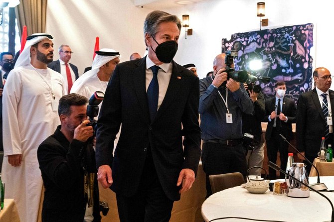 US Secretary of State Antony Blinken arrives for a roundtable during the Negev summit in Sde Boker on March 28, 2022. (AFP)