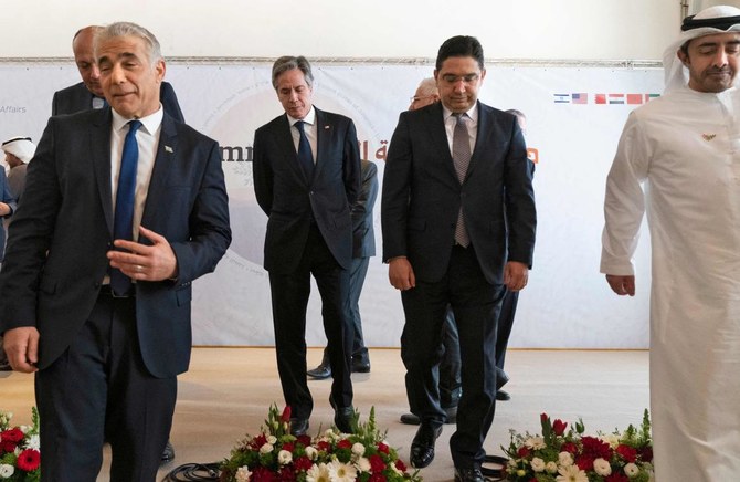 From left: Israel’s Foreign Minister Yair Lapid, US Secretary of State Antony Blinken, Morocco’s Foreign Minister Nasser Bourita, and UAE’s Foreign Minister Sheikh Abdullah bin Zayed al-Nahyan during the Negev summit in Sde Boker on March 28, 2022. (AFP)