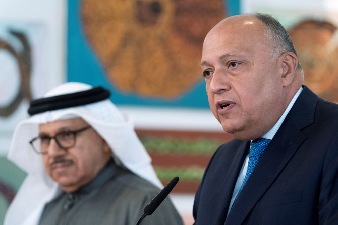 Egypt's Foreign Minister Sameh Shoukry speaks next to Bahrain's Foreign Minister Abdullatif bin Rashid al-Zayani during remarks at the Negev Summit, in Sde Boker, Israel March 28, 2022. (Reuters)