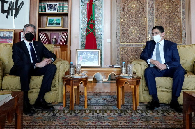 US Secretary of State Antony Blinken meets with Morocco's Foreign Minister Nasser Bourita at the Foreign Ministry in Rabat, Morocco, March 29, 2022. (Reuters)